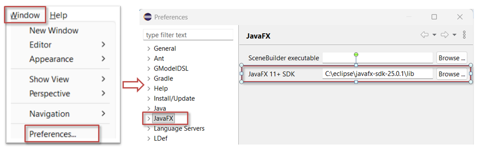 Configuration du chemin JavaFX SDK dans les préférences Eclipse